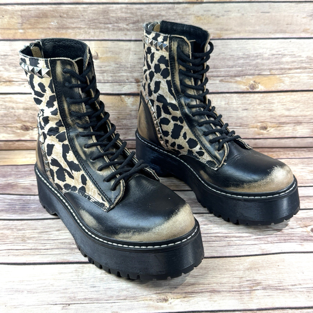 Steve Madden Womens Animal Print Leather Avenger Platform Lace Up Combat Boots 7